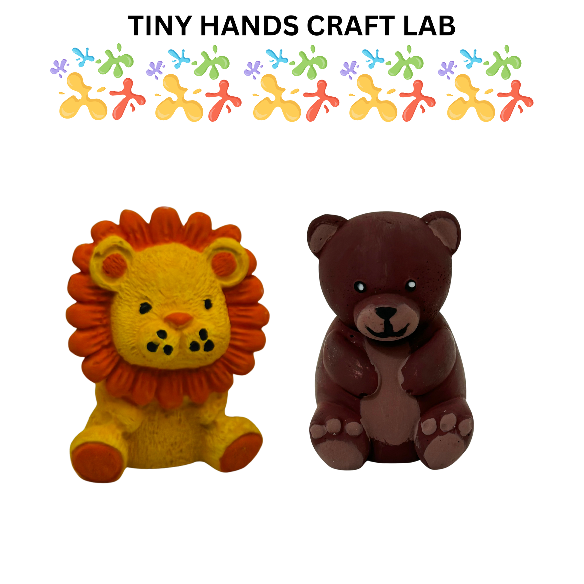 Two animal figurines, a lion and a bear, with 'Tiny Hands Craft Lab' branding above.