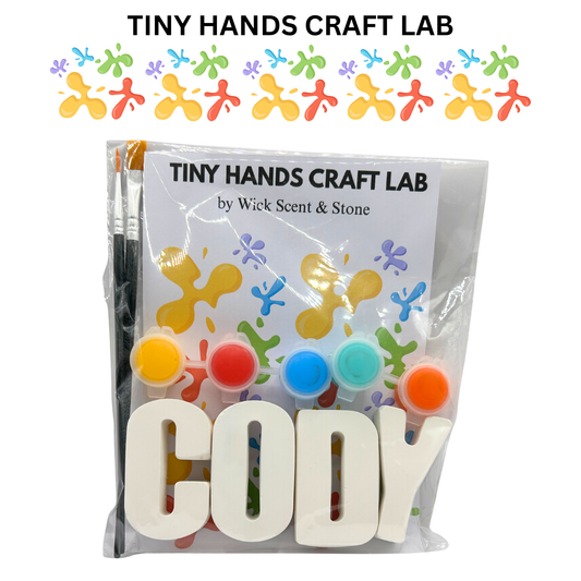 DIY CASTING POWDER PAINTING KIT CUSTOM LETTERS NAME from Tiny Hands Craft Lab with colorful paintbrushes and letters spelling 'CODY'.
