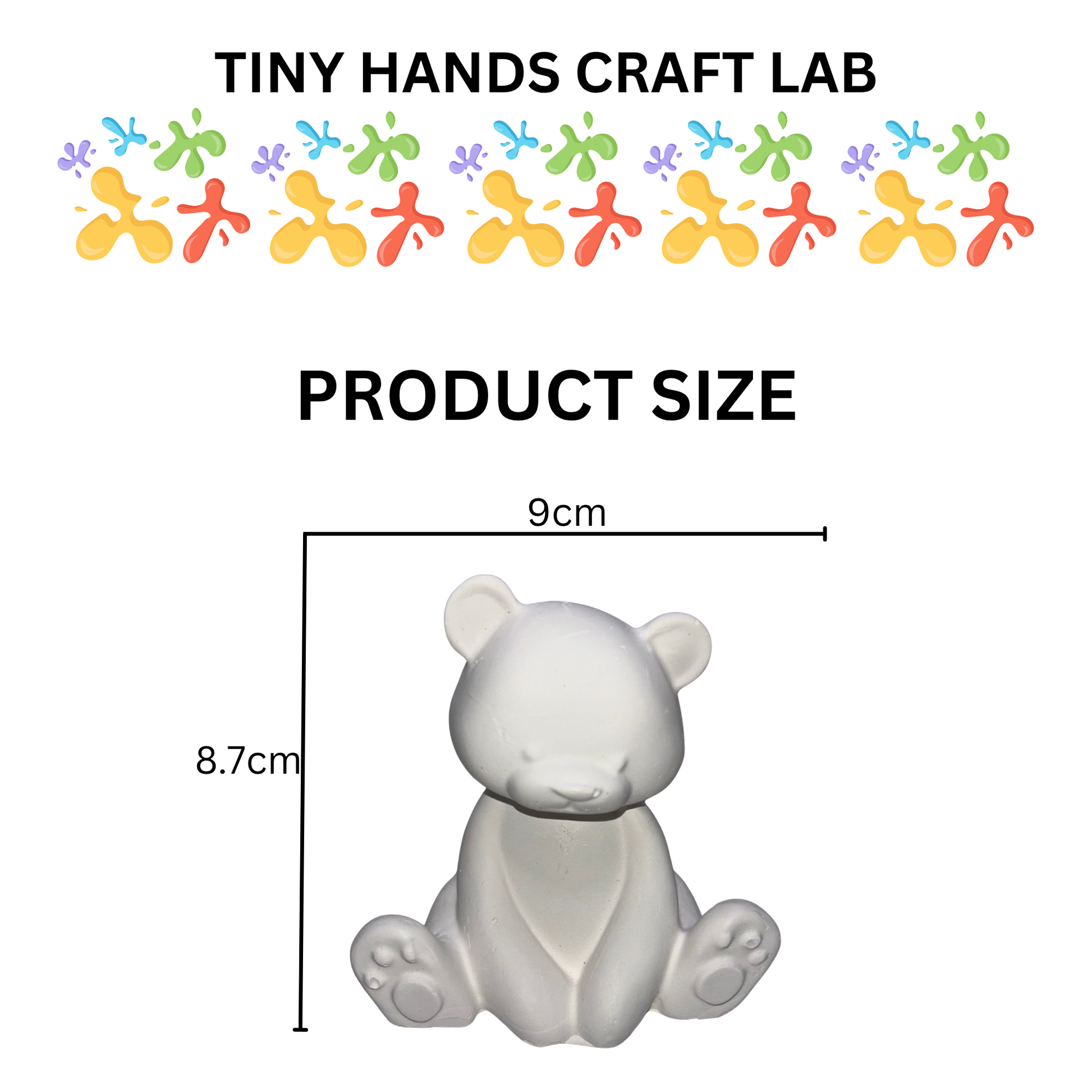 Product size measurement of a white bear figurine with 'Tiny Hands Craft Lab' branding above.