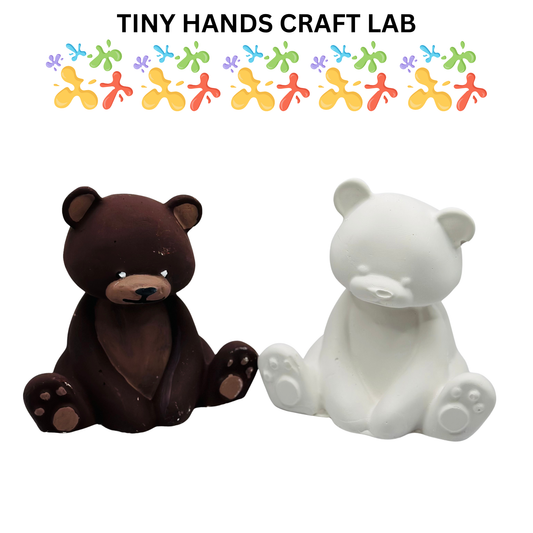 Two bear figurines, one brown and one white, with 'Tiny Hands Craft Lab' branding above.