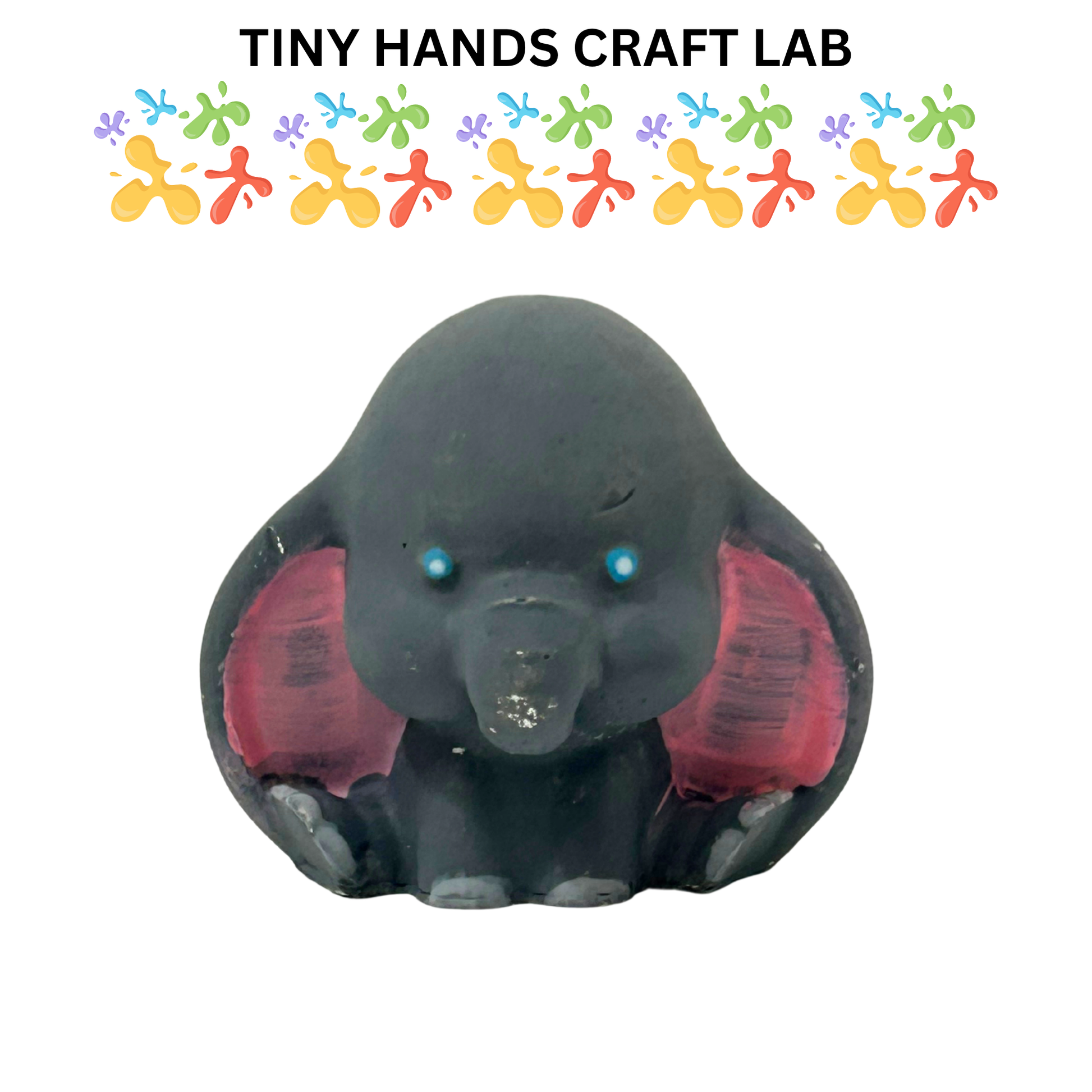 Dumbo the Elephant figurine with rpinkears on a white background, featuring 'Tiny Hands Craft Lab' branding.