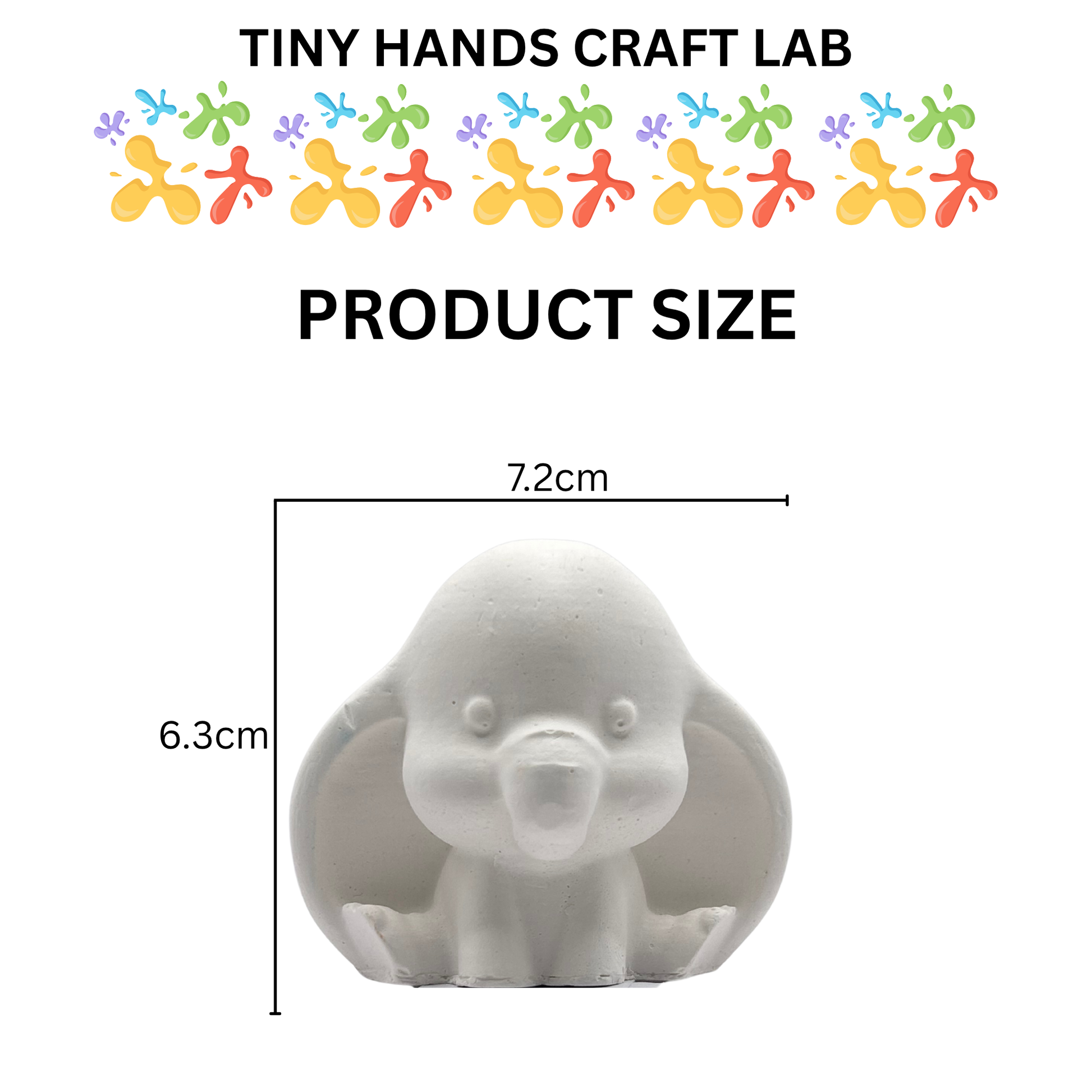 Product size measurement of a small dumbo the elephant figurines with 'Tiny Hands Craft Lab' branding.