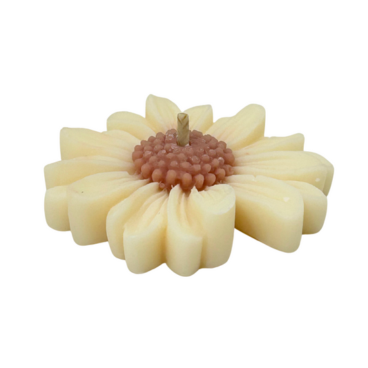 Daisy-shaped candle on a white background