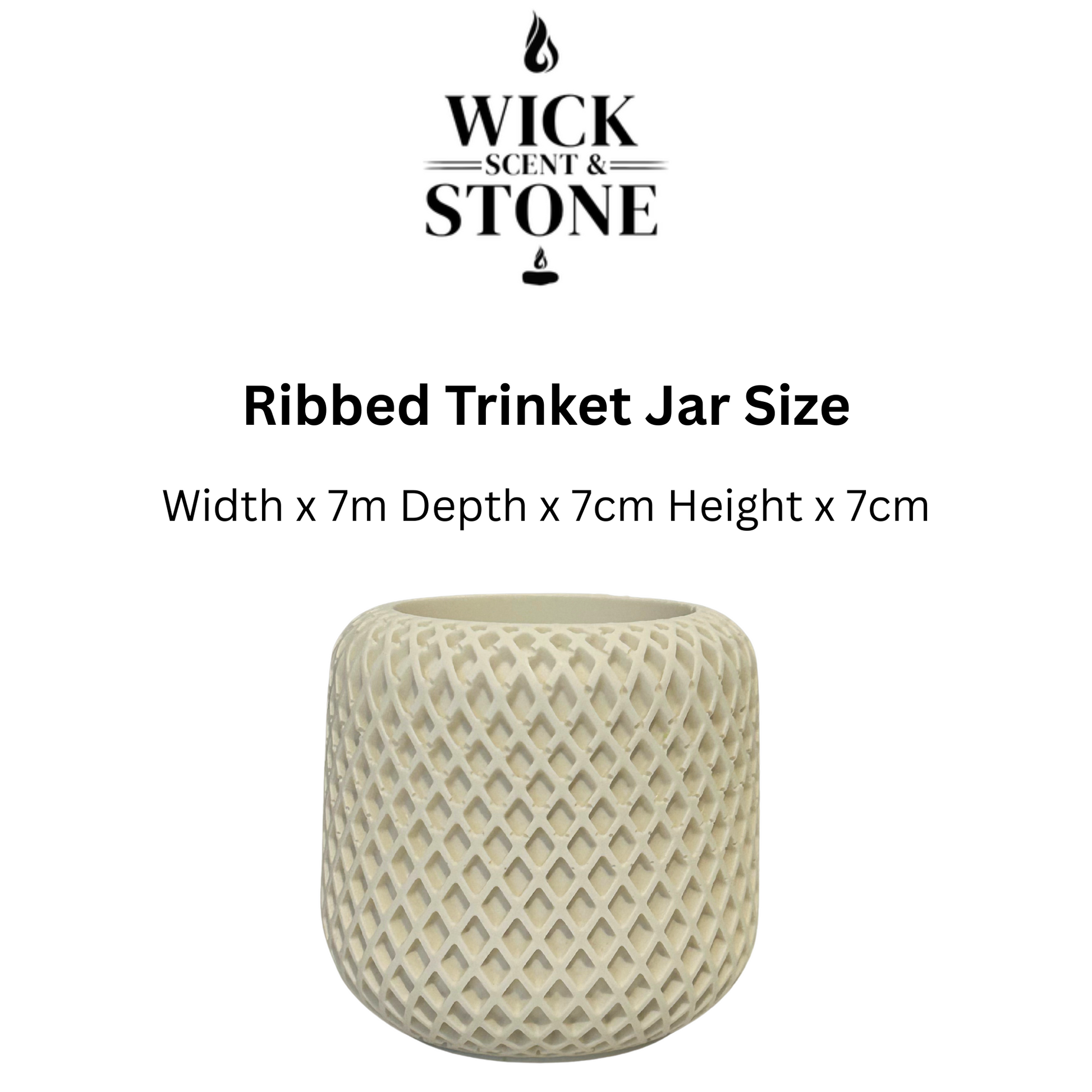 Geometric wide neck vase with dimensions and Wick Scent & Stone branding on a white background