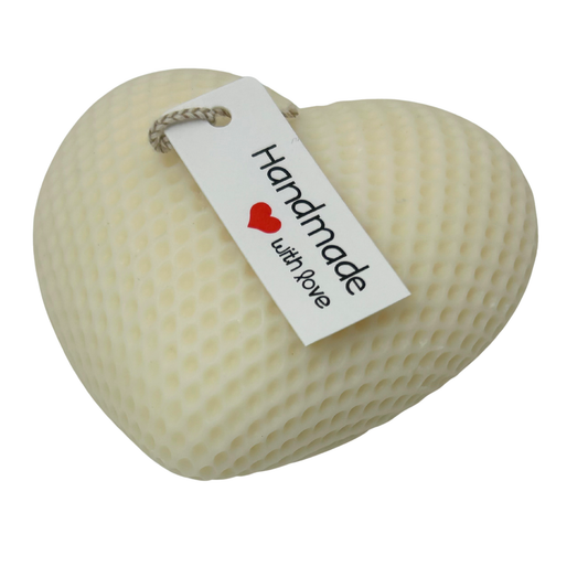 Heart-shaped product with a 'Handmade with Love' tag on a white background