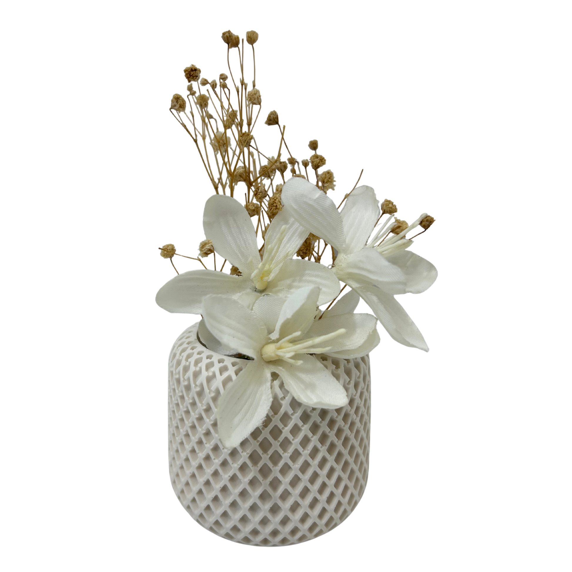 Decorative vase with white flowers and dried elements on a white background