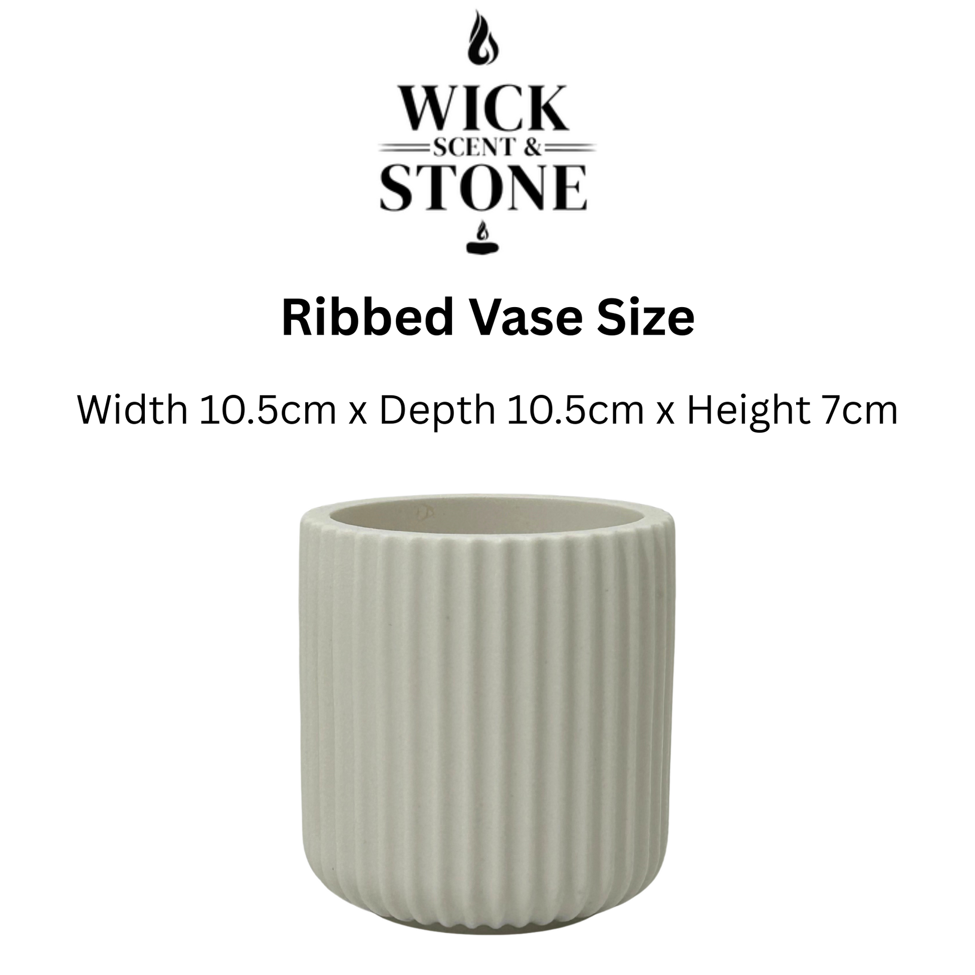 Ribbed vase with dimensions and Wick Scent & Stone branding on a white background