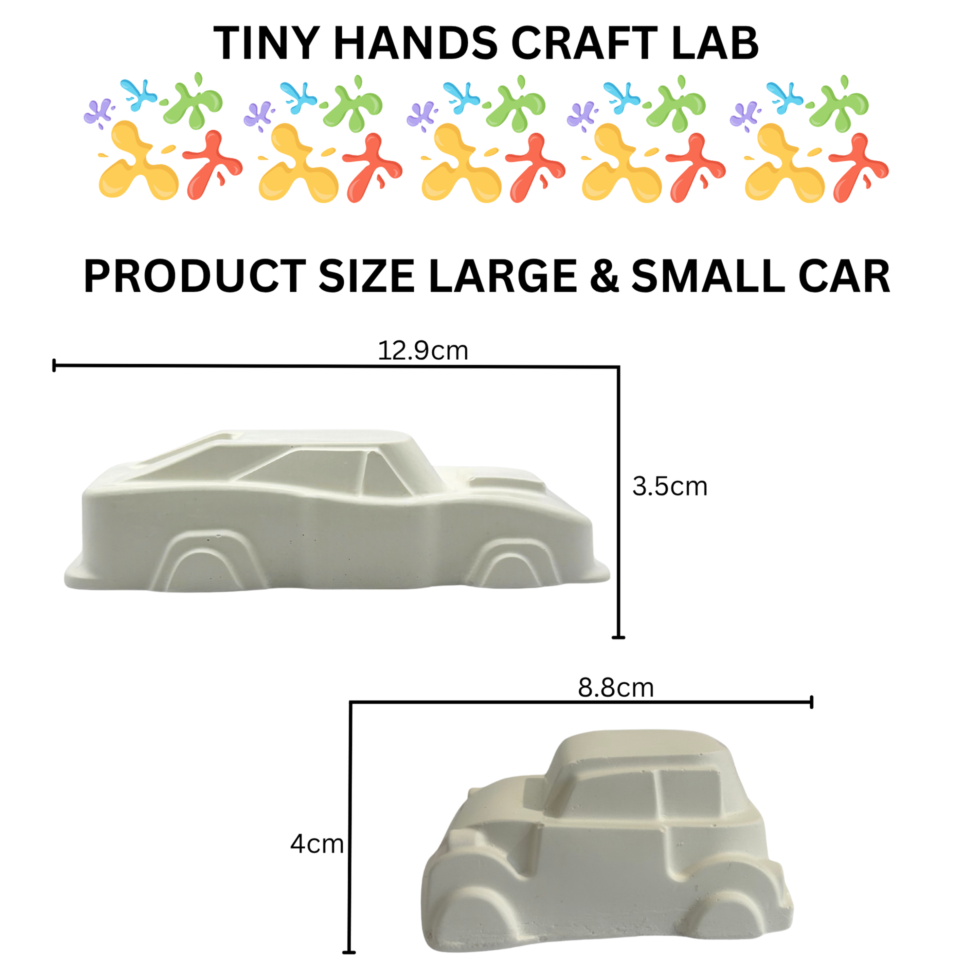 Measurement chart for car-shaped products from Tiny Hands Craft Lab, showing sizes large and small.