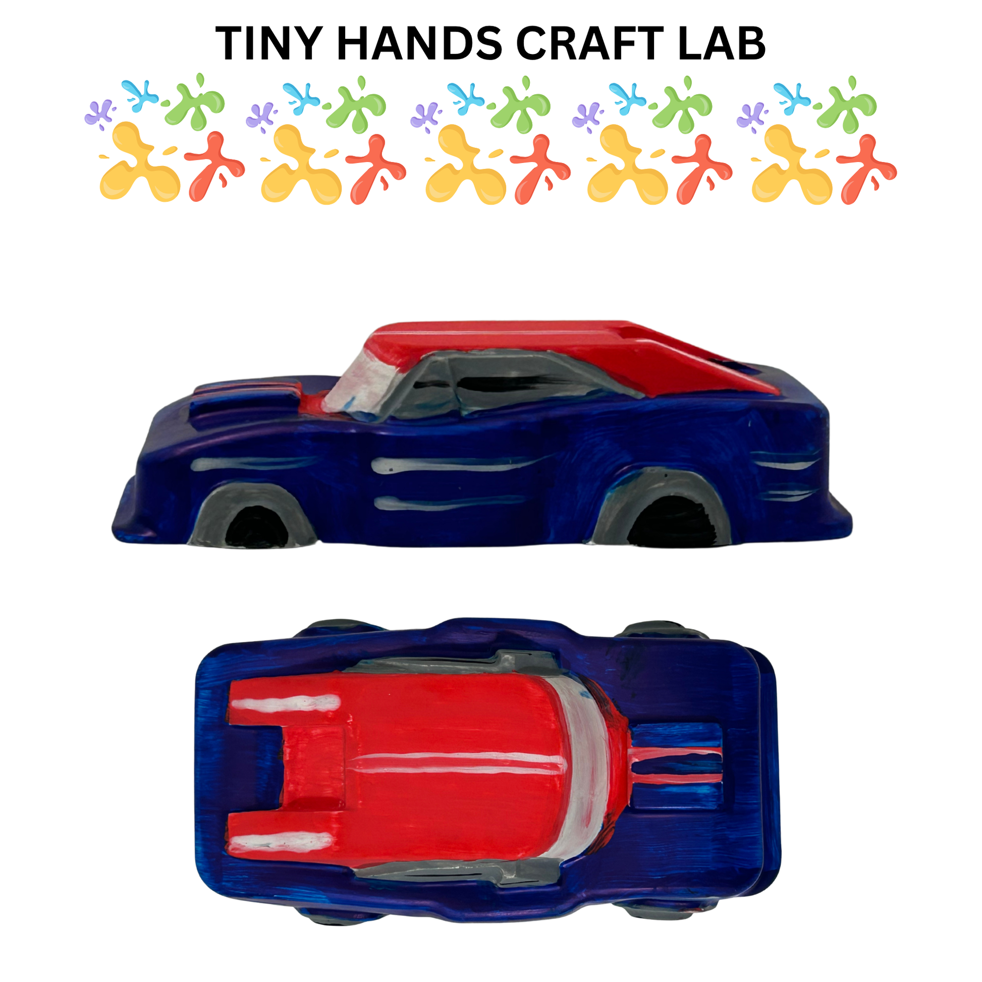Toy car with blue body and red top, featuring 'Tiny Hands Craft Lab' branding.