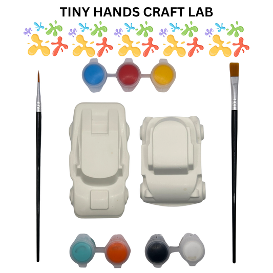 Craft kit with car-shaped molds, paint containers, and brushes labeled 'Tiny Hands Craft Lab'.