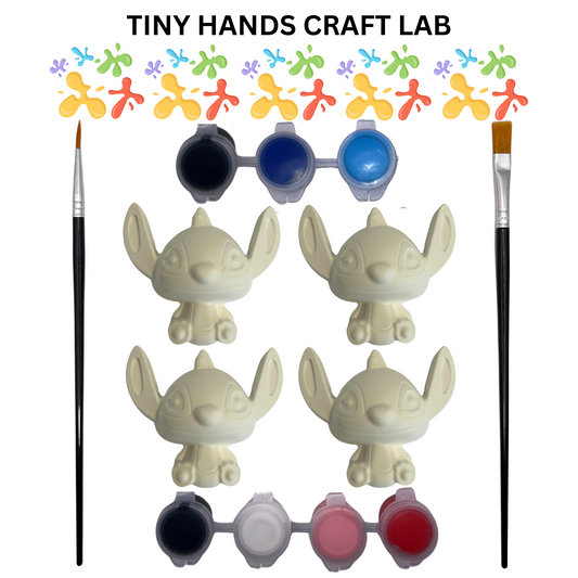 Craft kit with small figures of lilo and stitch, paint pots, and brushes labeled 'Tiny Hands Craft Lab'.