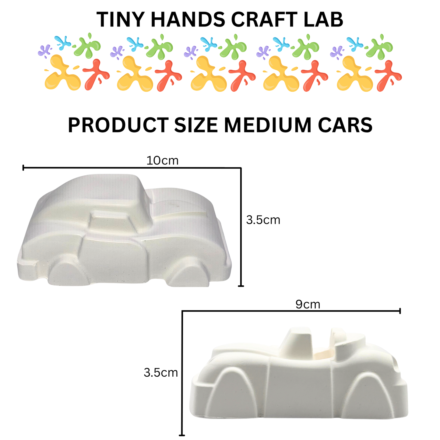 Measurement chart for medium-sized car-shaped products from Tiny Hands Craft Lab.