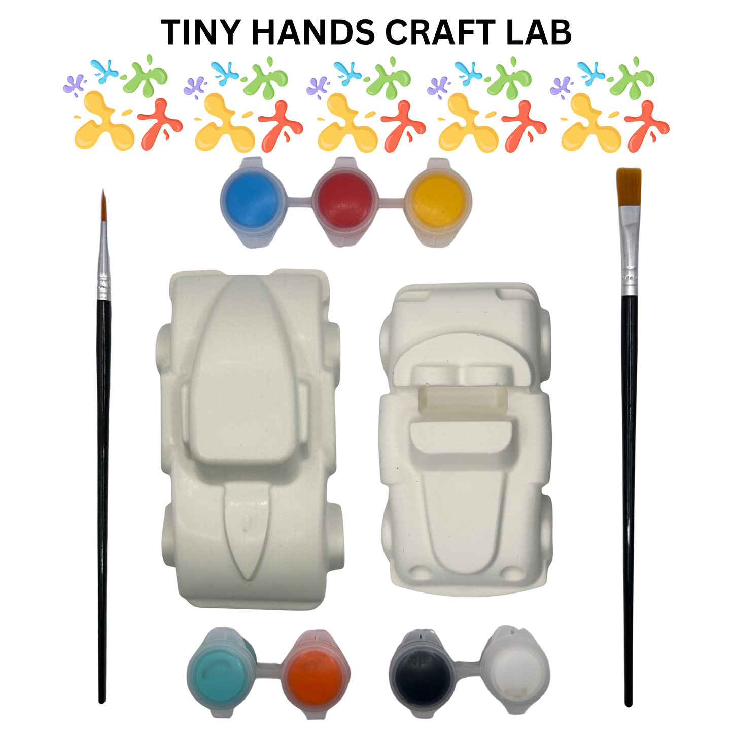 Craft kit with car shaped moulds, paint pots, and brushes labeled 'Tiny Hands Craft Lab'.