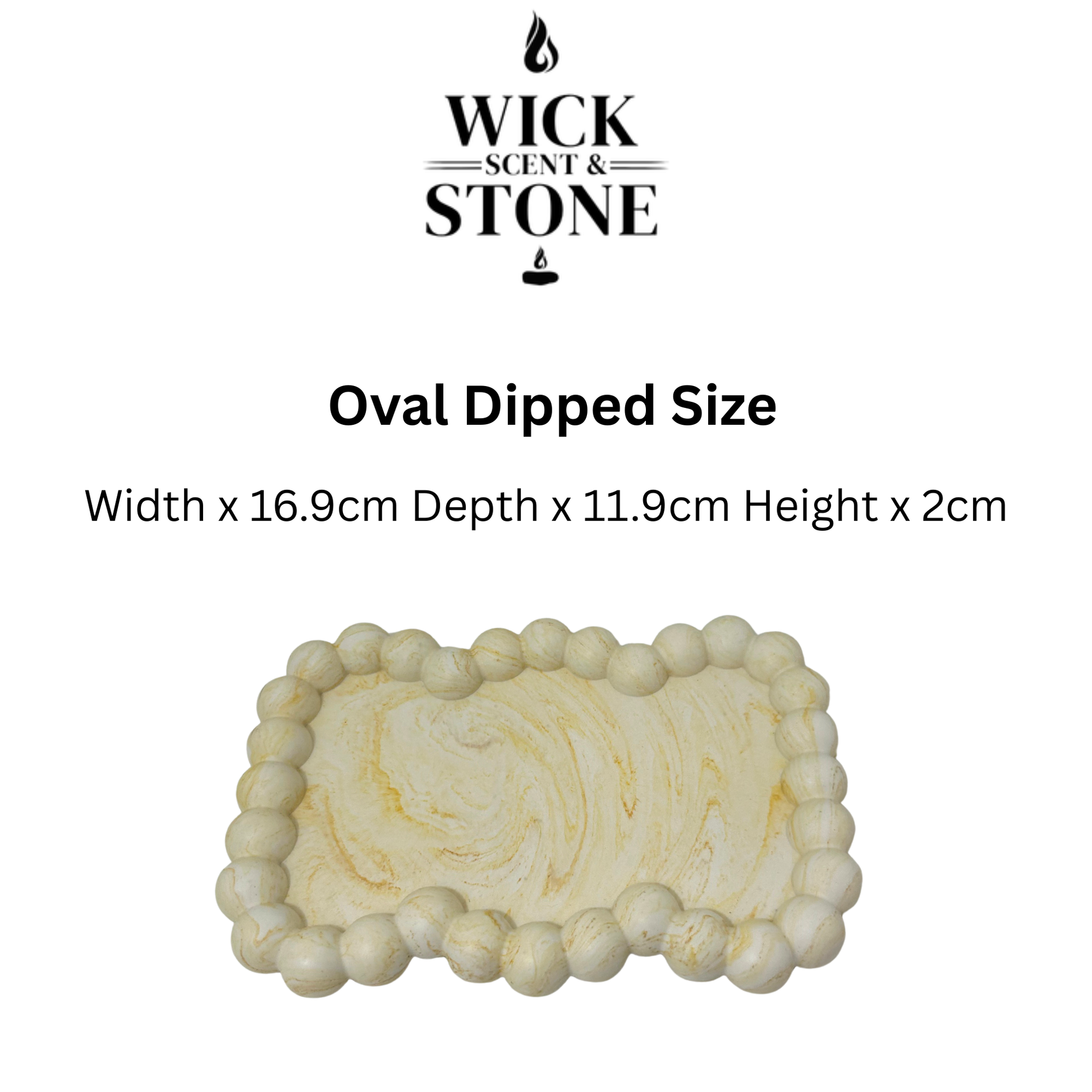 Wick Scent & Stone oval dipped size product with dimensions on a white background