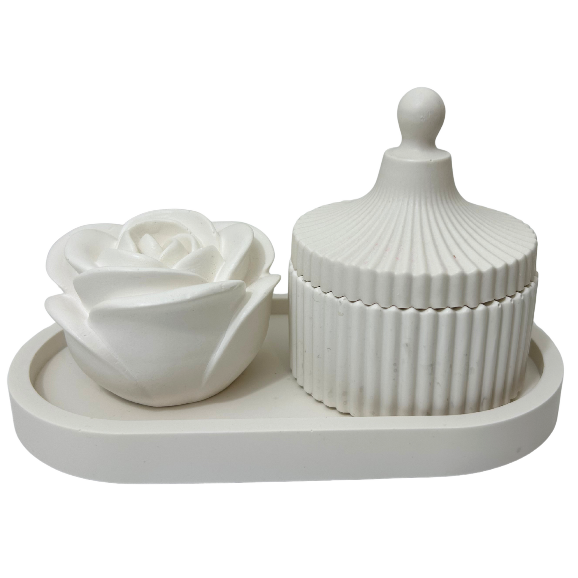 Jesmonite stone rose and ribbed container on a Jesmonite tray