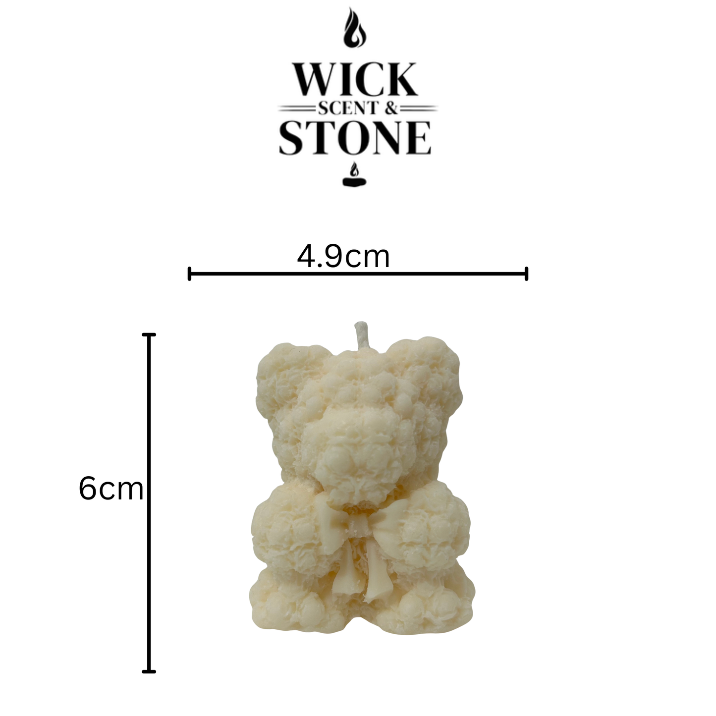 Measurement chart for a bear-shaped candle with 'Wick Scent & Stone' branding.