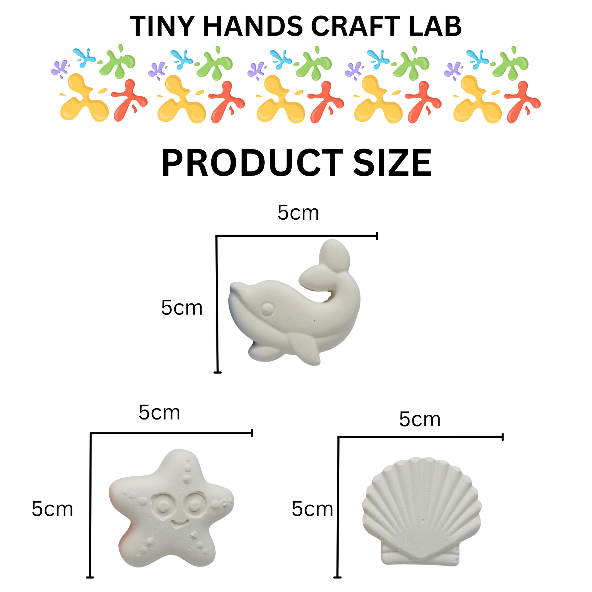 Product size chart for Tiny Hands Craft Lab with measurements and examples of craft items.